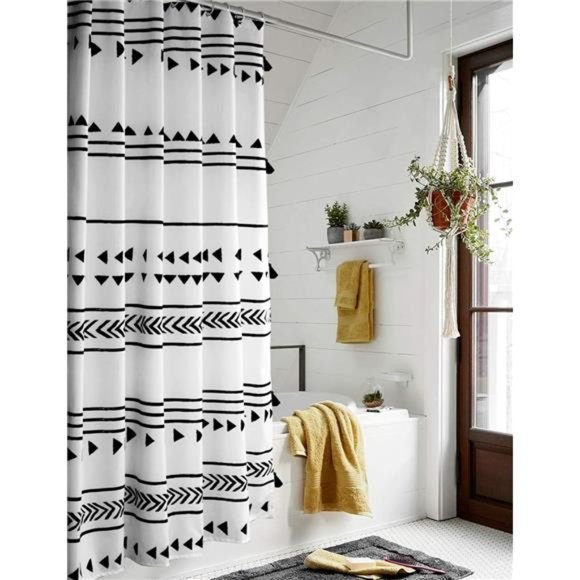 Other - 72x72 Boho Shower Curtain Black & White Fabric Bathroom Curtains Set with Hooks